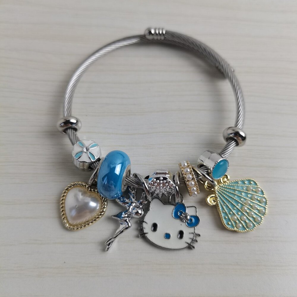 Hello Kitty Charm Pendant Silver & Blue Tone Bangle Bracelet
